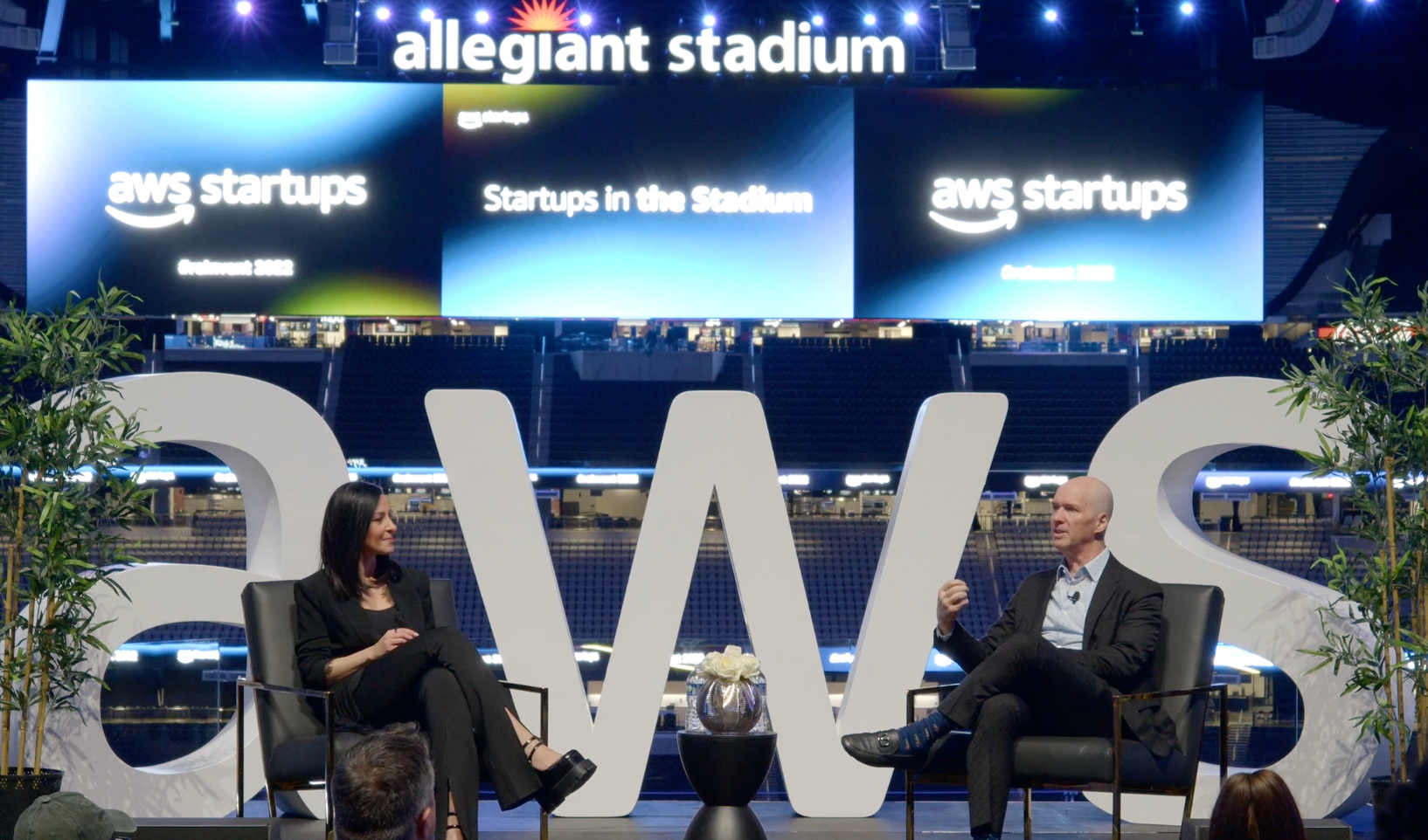 Ben Horowitz and Ruba Borno at the AWS Startups in the Stadium event at re:Invent.